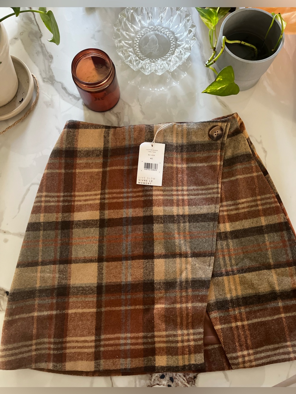 BNWT Wool Brown Plaid Corduroy Skirt mini skirt with slit dark academia style